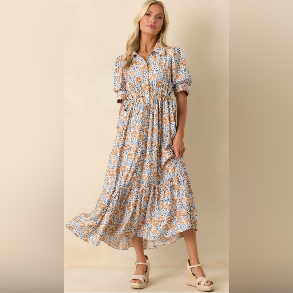 Entro Blue and Tan Floral Maxi Dress